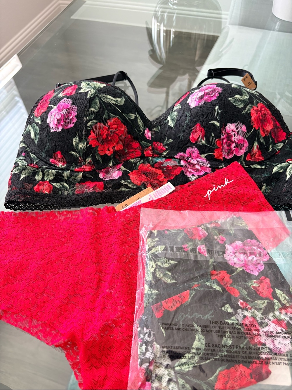 PINK Victoria's Secret Floral Lace Push-Up Bra & Panties